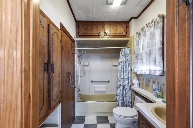 full bathroom featuring vanity, toilet, and shower / bathtub combination with curtain