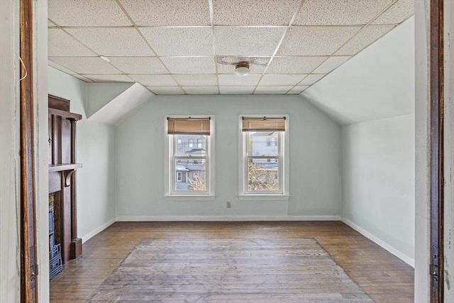 additional living space with hardwood / wood-style flooring, a fireplace, and vaulted ceiling