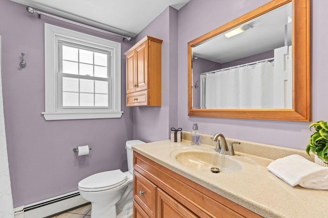 full bathroom with curtained shower, toilet, baseboard heating, vanity, and tile patterned flooring