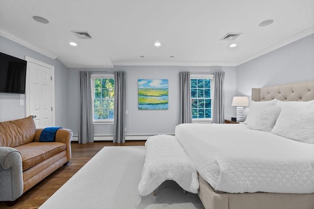 bedroom with a baseboard radiator, ornamental molding, and dark wood-type flooring