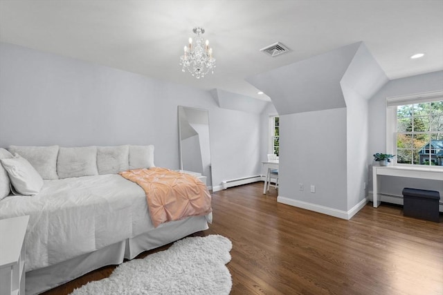 bedroom featuring vaulted ceiling, an inviting chandelier, baseboard heating, and dark wood-type flooring