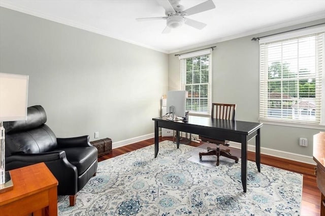 office featuring crown molding, ceiling fan, and hardwood / wood-style floors