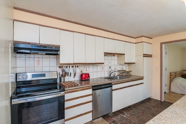 kitchen featuring under cabinet range hood, appliances with stainless steel finishes, a sink, and tasteful backsplash