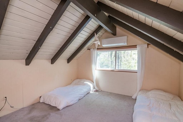 carpeted bedroom with wooden ceiling, vaulted ceiling with beams, and a wall mounted air conditioner