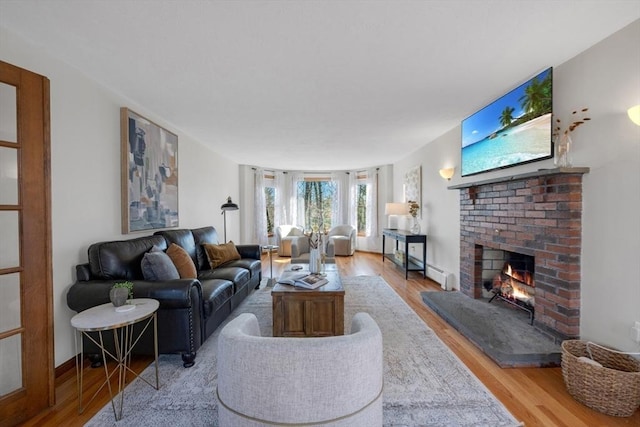 living room featuring wood finished floors and a fireplace