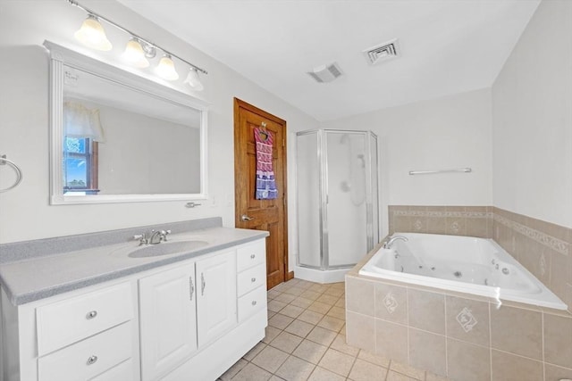 full bathroom with vanity, visible vents, a stall shower, tile patterned floors, and a jetted tub