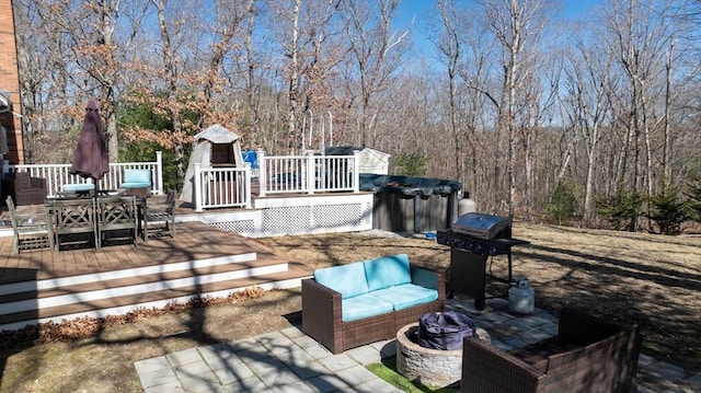 view of patio / terrace with outdoor dining space, an outdoor living space, a grill, and a wooden deck