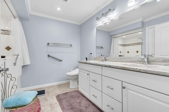 bathroom with ornamental molding, vanity, curtained shower, and toilet