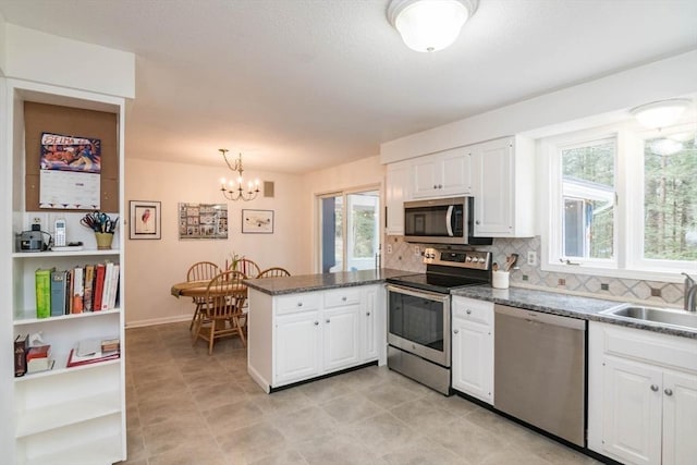 kitchen with a sink, backsplash, appliances with stainless steel finishes, a peninsula, and white cabinets