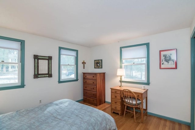 bedroom featuring light wood-type flooring and baseboards