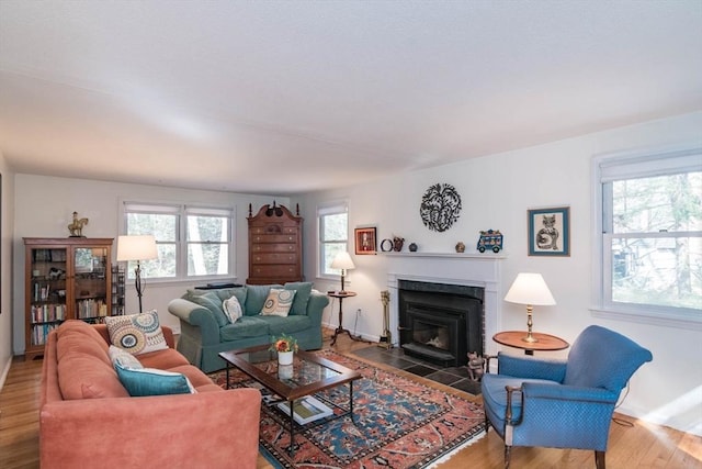 living room with a fireplace with flush hearth and wood finished floors