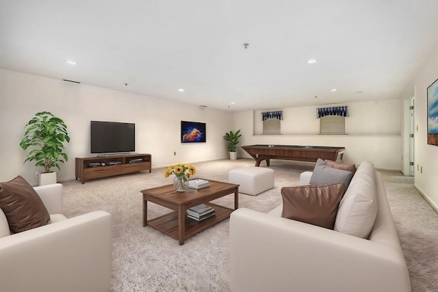 501 Lexington St Unit 105, Waltham, MA 02452 - living room featuring light colored carpet, billiards, recessed lighting, and baseboards