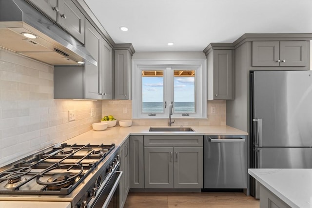 kitchen featuring a sink, gray cabinets, and appliances with stainless steel finishes