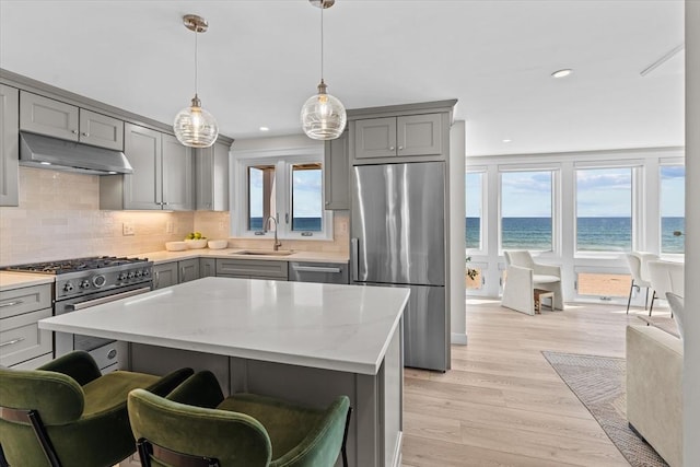kitchen featuring a sink, gray cabinetry, stainless steel appliances, a water view, and under cabinet range hood