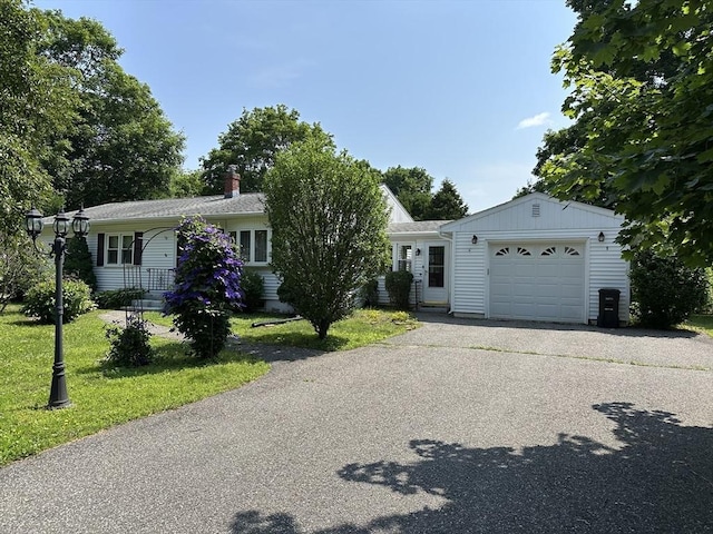 47 Mayfair St, East Longmeadow, MA 01028 - ranch-style home with a garage, a front yard, asphalt driveway, and a chimney