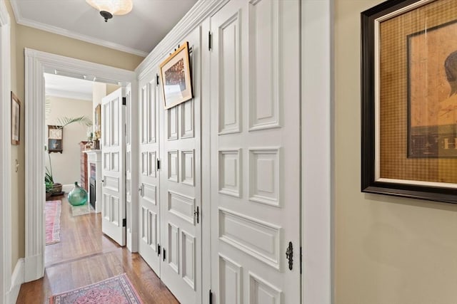 hallway featuring dark wood finished floors and crown molding