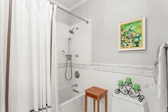bathroom featuring crown molding and shower / bathtub combination with curtain