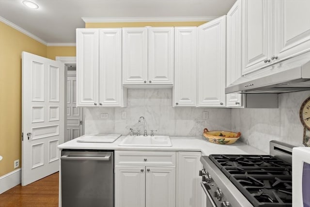 kitchen featuring appliances with stainless steel finishes, under cabinet range hood, a sink, light countertops, and white cabinetry