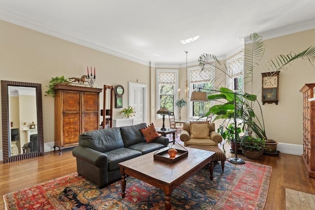 living room featuring a fireplace, wood finished floors, baseboards, and ornamental molding