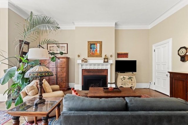 living area featuring ornamental molding, a fireplace, wood finished floors, and baseboards
