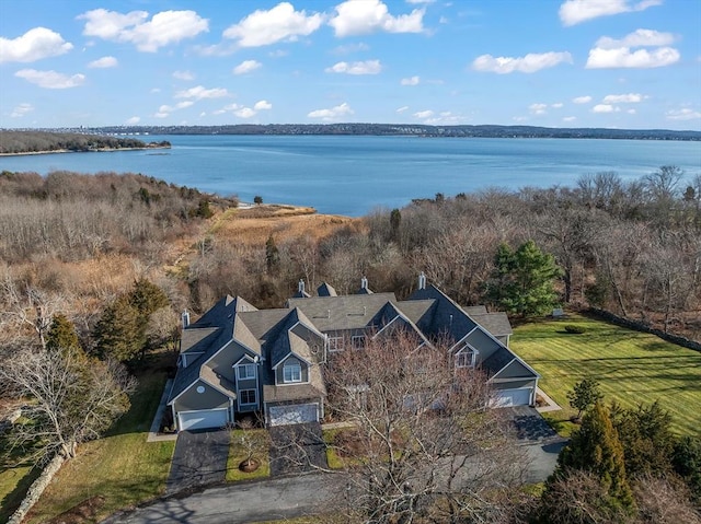 drone / aerial view with a water view