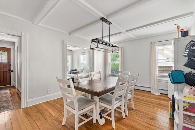 61 Elm St Unit 61, Andover, MA 01810 - dining room with plenty of natural light, light wood-style floors, a chandelier, coffered ceiling, and beam ceiling