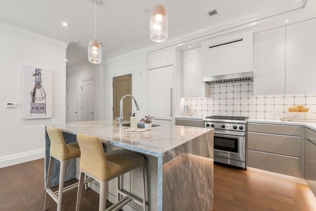 kitchen with stainless steel stove, dark wood-type flooring, ornamental molding, tasteful backsplash, and modern cabinets