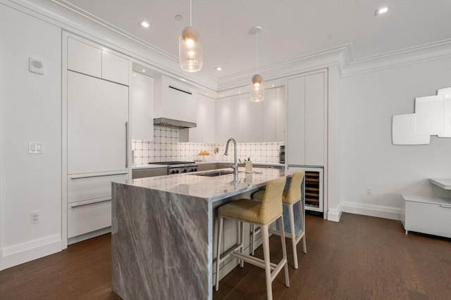 kitchen with dark wood-style flooring, crown molding, tasteful backsplash, a sink, and light stone countertops