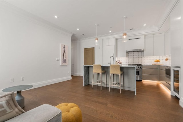 kitchen with tasteful backsplash, modern cabinets, a kitchen breakfast bar, crown molding, and high end stove