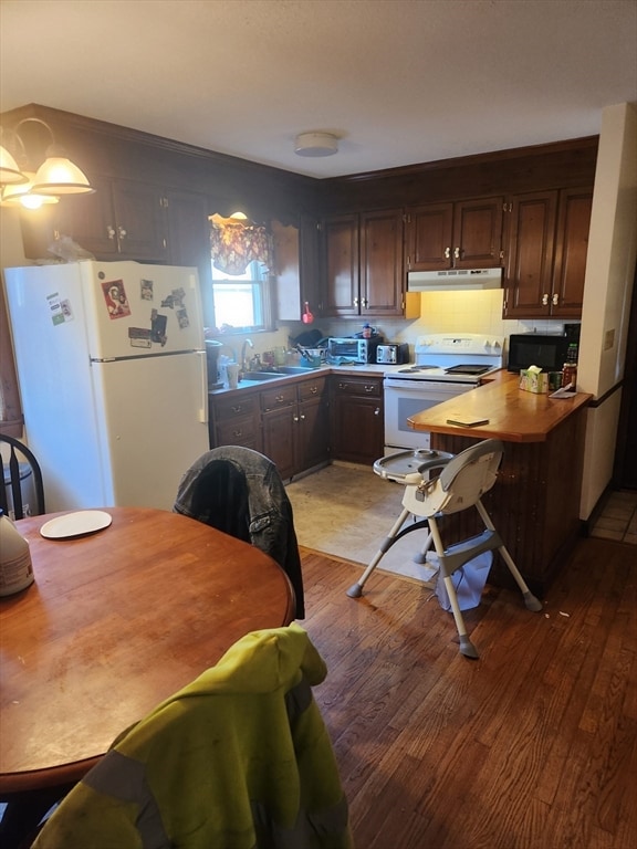 kitchen with hardwood / wood-style floors, dark brown cabinets, and white appliances