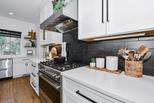 30 Indian Cove Rd, Marion, MA 02738 - kitchen with stainless steel appliances, range hood, white cabinetry, dark wood finished floors, and tasteful backsplash