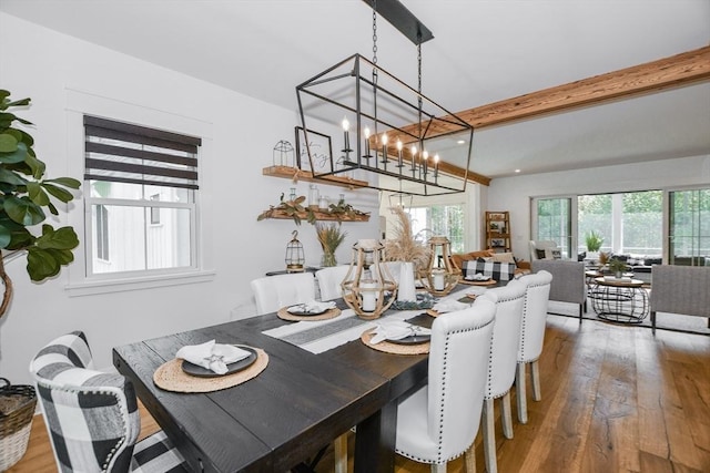 30 Indian Cove Rd, Marion, MA 02738 - dining room with hardwood / wood-style flooring, a chandelier, recessed lighting, and beam ceiling