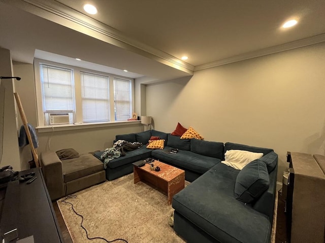 living room featuring ornamental molding and cooling unit