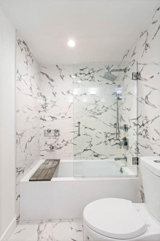 288 Marginal St Unit 4, Boston, MA 02128 - full bathroom with toilet, shower / tub combination, recessed lighting, and marble finish floors