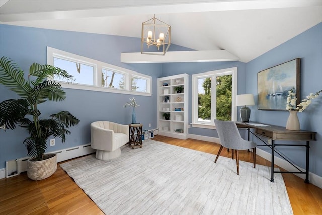 living area with lofted ceiling, baseboard heating, light wood-style floors, a chandelier, and baseboards