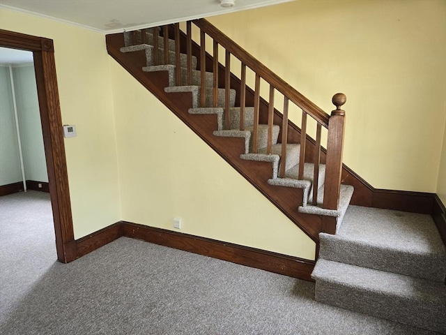 43 Jefferson St, Taunton, MA 02780 - staircase featuring carpet flooring, baseboards, and ornamental molding