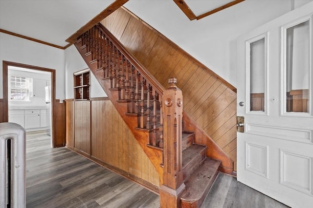 stairs featuring crown molding, hardwood / wood-style flooring, and wooden walls