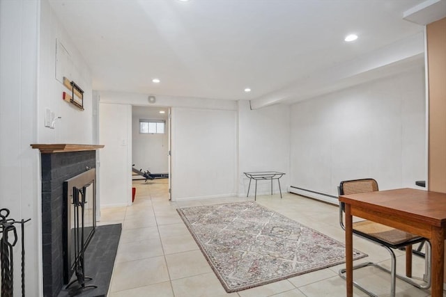 304 Hunting Rd, Needham, MA 02494 - sitting room featuring a baseboard radiator, light tile patterned floors, recessed lighting, and a brick fireplace