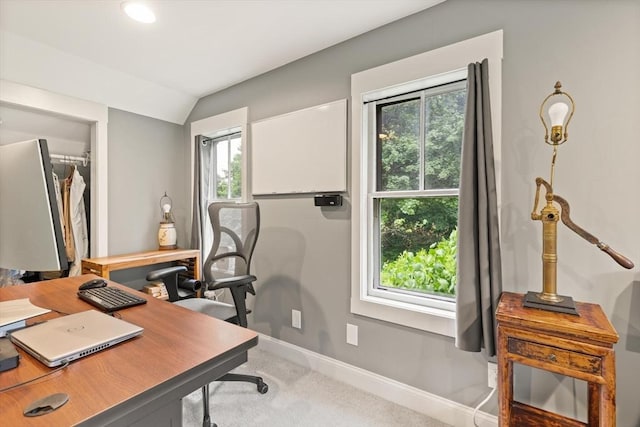 965 Greenville Ave, Smithfield, RI 02828 - carpeted home office featuring baseboards and vaulted ceiling