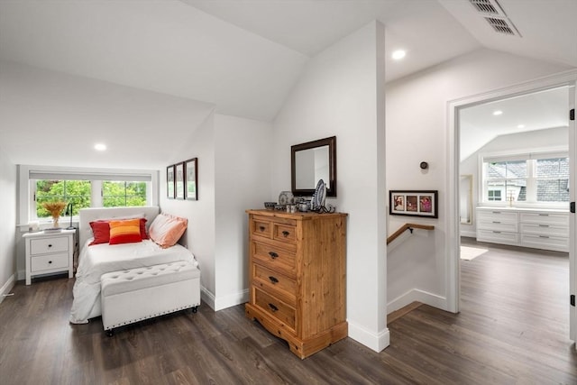 94 Webster Unit 94, Newton, MA 02465 - bedroom with lofted ceiling, dark wood-style flooring, baseboards, multiple windows, and recessed lighting