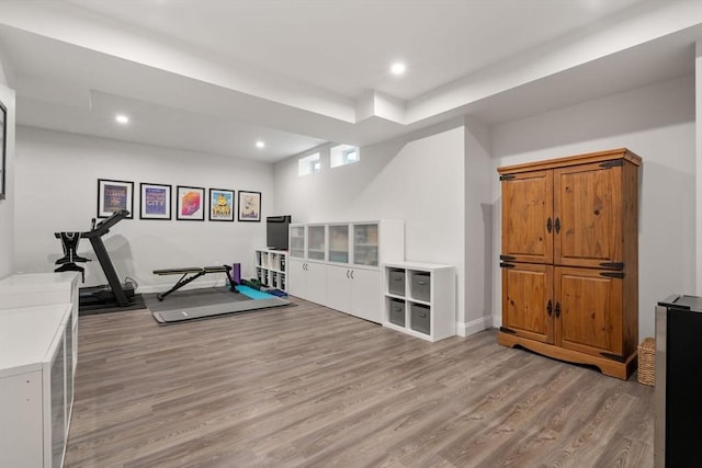 94 Webster Unit 94, Newton, MA 02465 - workout room featuring light wood-style floors, recessed lighting, and baseboards