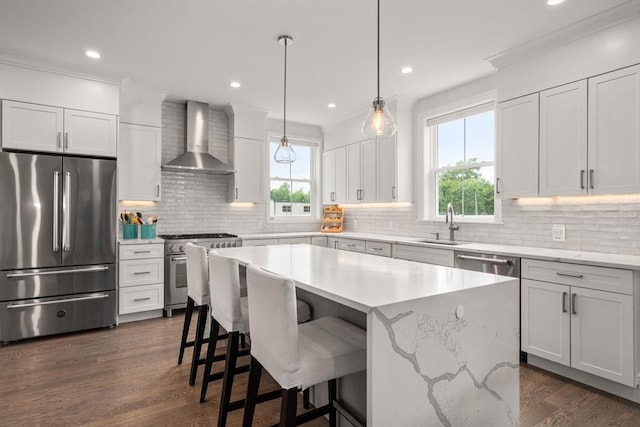 94 Webster Unit 94, Newton, MA 02465 - kitchen with high end appliances, wall chimney exhaust hood, plenty of natural light, a kitchen bar, and ornamental molding