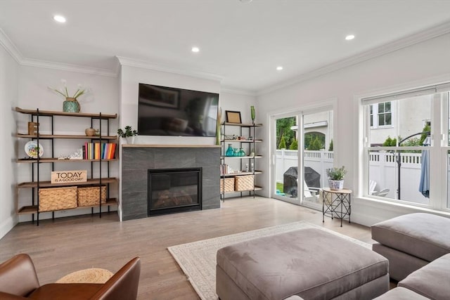 94 Webster Unit 94, Newton, MA 02465 - living room with wood finished floors, a tile fireplace, recessed lighting, ornamental molding, and baseboards