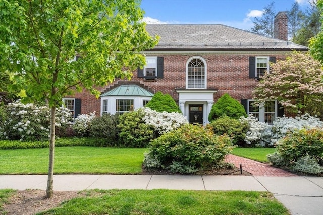 colonial home featuring a front lawn, a chimney, and brick siding