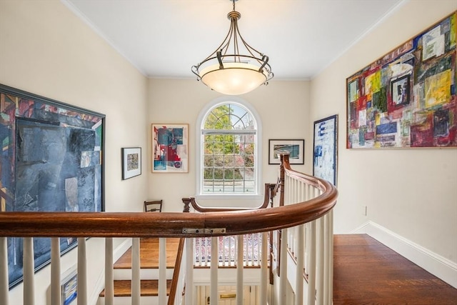 hallway featuring ornamental molding, baseboards, and dark wood finished floors