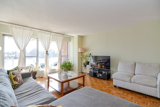 living room featuring light parquet floors