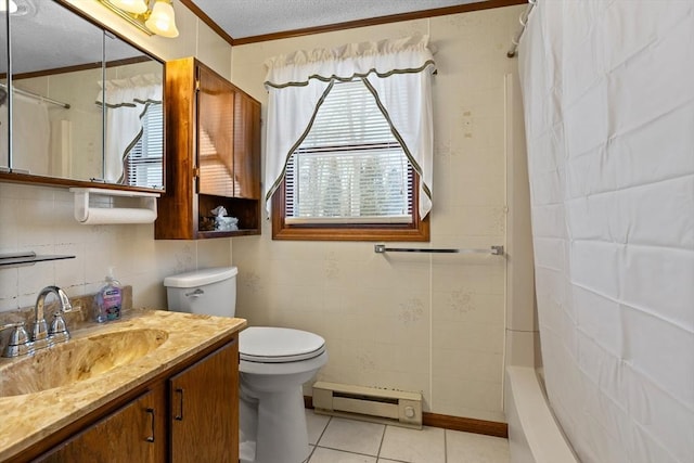 bathroom with a baseboard radiator, ornamental molding, tile walls, and tile patterned floors