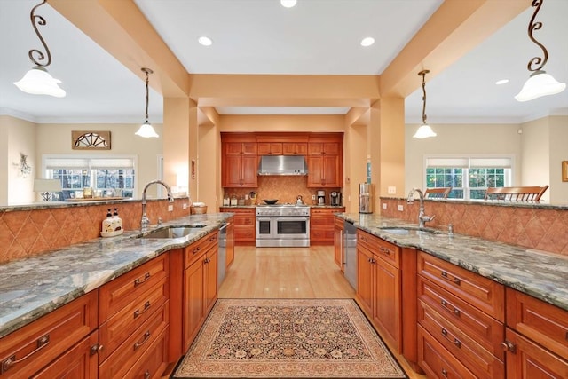kitchen with a sink, tasteful backsplash, appliances with stainless steel finishes, and under cabinet range hood