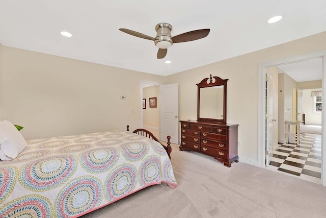 carpeted bedroom with ceiling fan and recessed lighting
