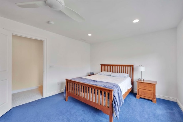 bedroom with recessed lighting, ceiling fan, baseboards, and carpet floors